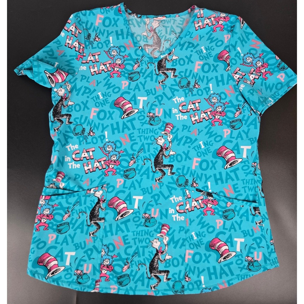 Dr. Seuss Cat in the Hat V-Neck Scrub Top Teal Character Print Womens Large?